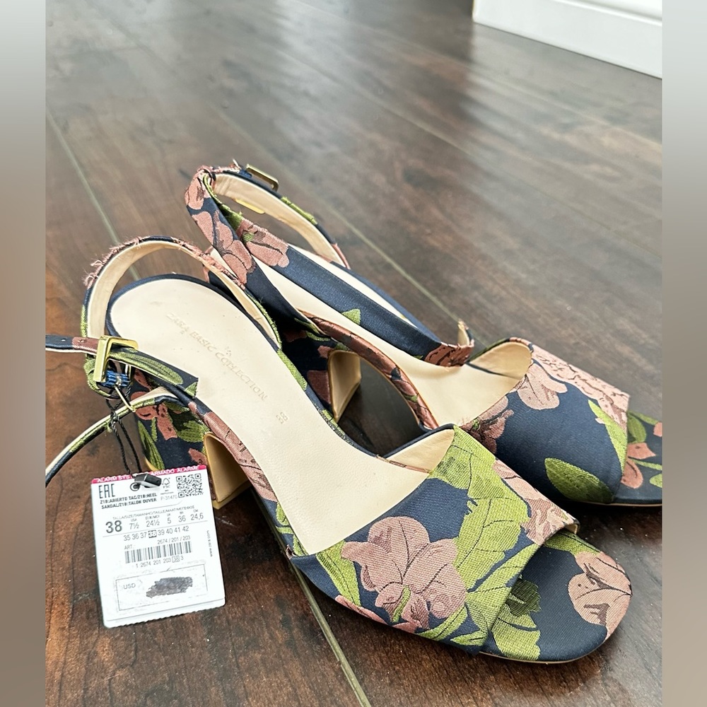 Zara mid block heel floral sandals